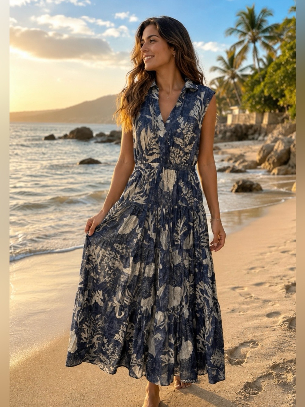 Pinch Navy & Cream Botanical Sleeveless Maxi Dress
